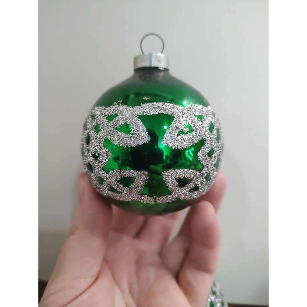Lot of 2 Vintage Green Glass Ball Holiday Christmas Ornament Silver Glitter A17